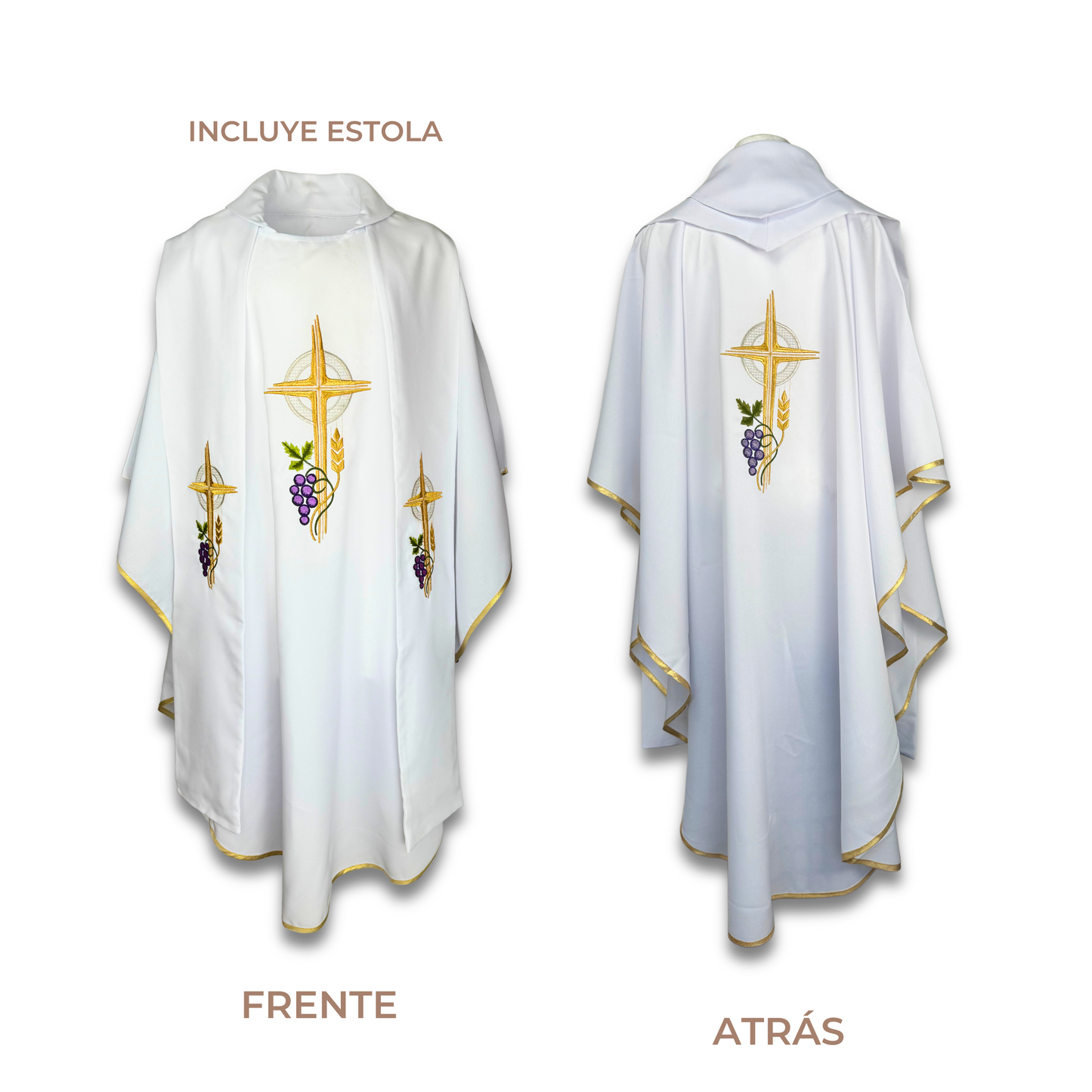 Casulla Ornamento Sacerdotal Blanca Bordado Eucarístico