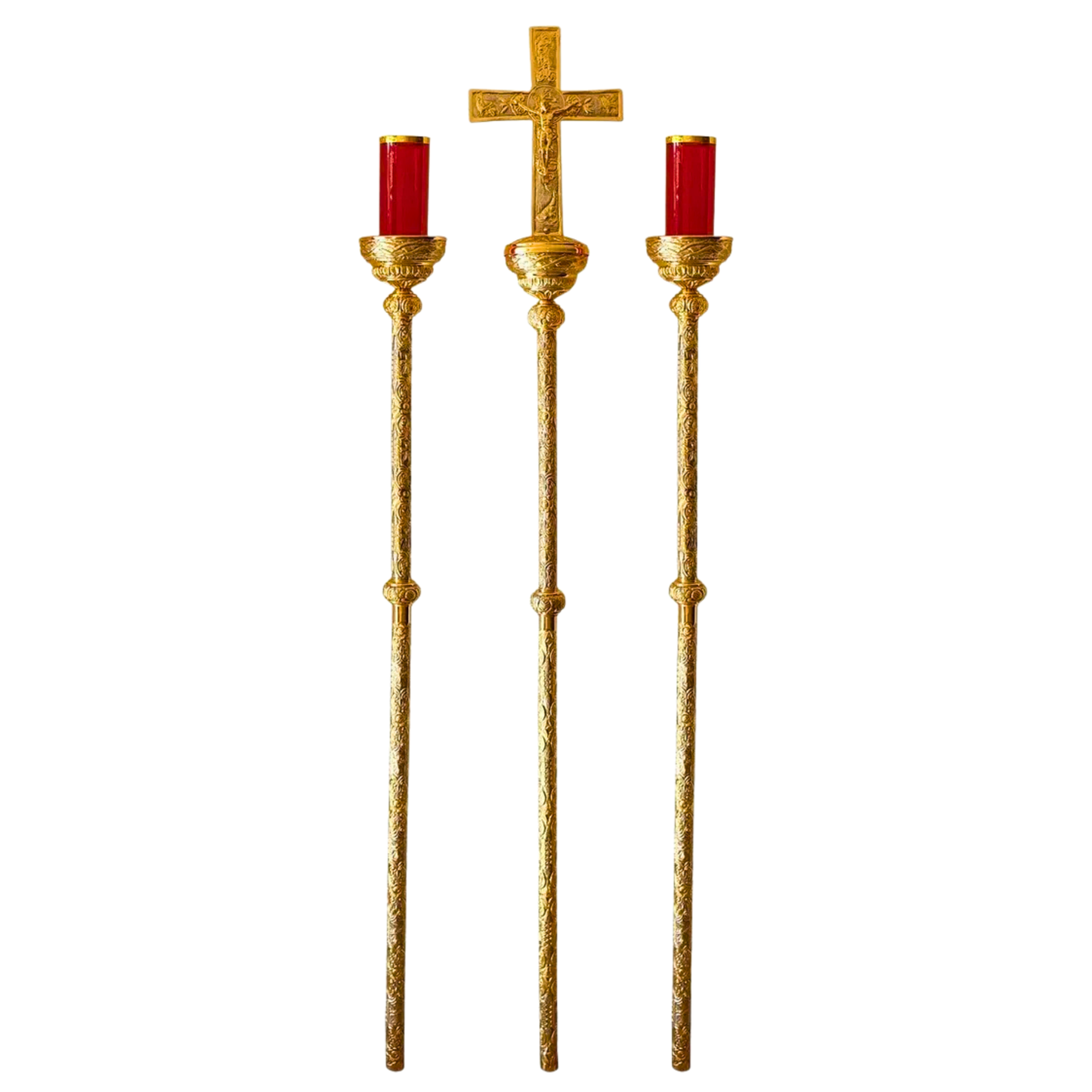 Ciriales Religiosos Y Cruz Alta Cincelados, Incluye 8 Vasos Litúrgicos