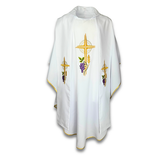 Casulla Ornamento Sacerdotal Blanca Bordado Eucarístico