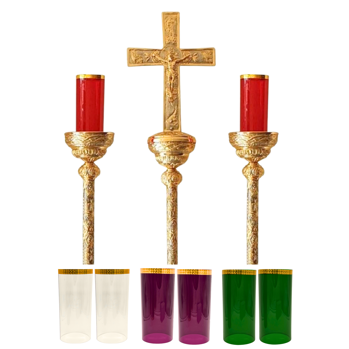 Ciriales Religiosos Y Cruz Alta Cincelados, Incluye 8 Vasos Litúrgicos